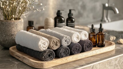 A luxury spa scene with rolled-up hand towels and essential oils.
