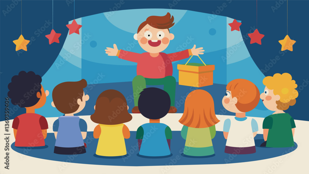Poster children sitting in a semicircle enthralled by a puppet show being performed by their peers in a cla