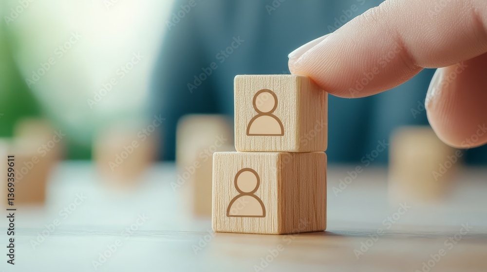 Poster a hand is placing a wooden block with a person icon on top of another similar block, suggesting conc