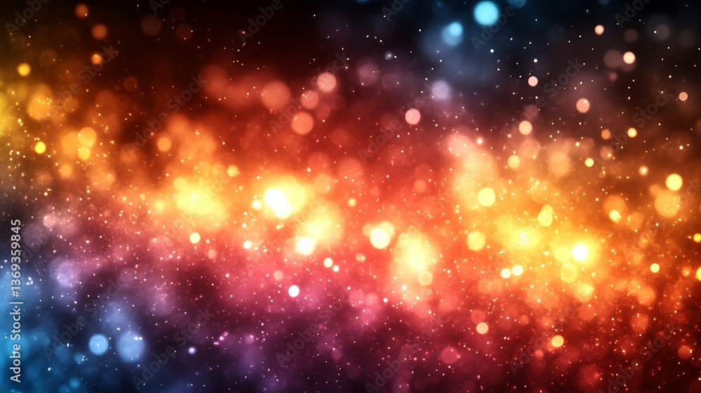 Poster an abstract display of colorful illuminated bokeh particles in space