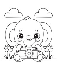 Coloring book elephant photographer holding a camera, sitting between flowers under a cloudy sky