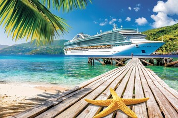 Obraz premium Cruise ship docking at tropical paradise beach stunning ocean view travel photography relaxing atmosphere