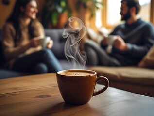 Cozy coffee moment shared by a couple in a warm indoor setting, with a steaming mug in focus on a wooden table, representing comfort, conversation, and relaxing home atmosphere.

