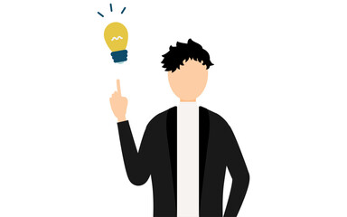 黒いジャケットを着た男性がアイデアをひらめくシンプルなイラスト