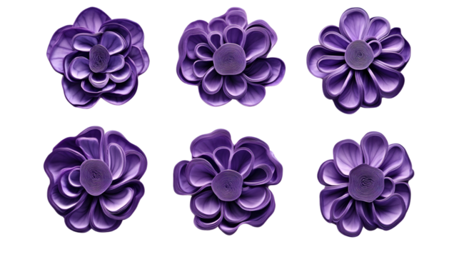 Six Purple Layered Flowers on Black Background