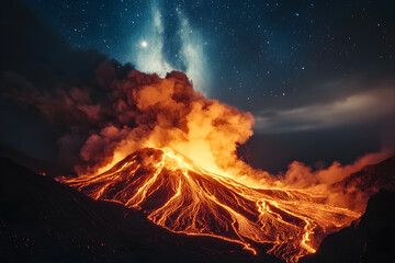 Fototapeta premium Night Inferno: Volcanic Eruption Illuminates Starry Sky, A Dance of Fire and the Cosmos