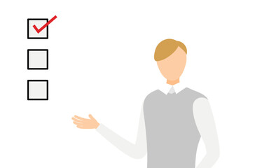 グレーのベストを着た男性がチェックリストを示して話しているシンプルなイラスト