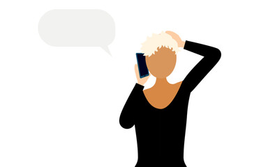 黒いシャツを着た女性がスマホで話すシンプルなイラスト