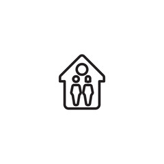 A house outline containing three simple figures. Represents a family home, shared living space, or household members.