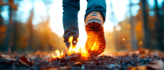 A person walks through a forest with flames at their feet, creating a striking contrast against the autumn backdrop and showcasing a sense of adventure.