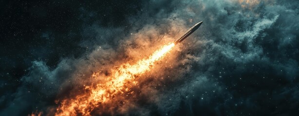 Fototapeta premium Rocket Launch into Space Fiery Ascent Through Cosmic Clouds