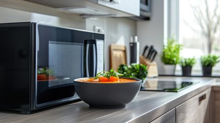 A modern microwave heating up a bowl of soup in a stylish kitchen.