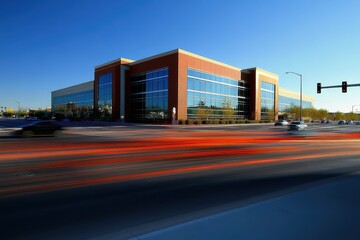 Modern office building with large glass windows, captured in motion blur of passing cars.