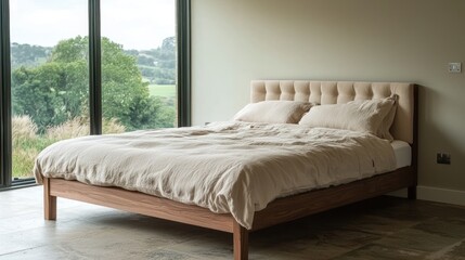 A modern minimalist bed with a wooden frame and neutral bedding, placed by a large window.