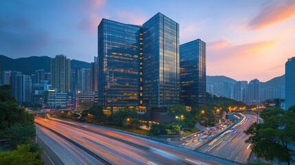 Fototapeta premium Urban skyline at dusk featuring modern glass buildings and a busy highway.