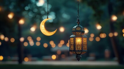 Illuminated Lantern and Crescent Moon