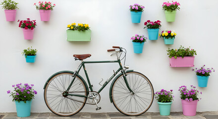 Vintage Bicycle With Colorful Flower Pots On White Wall