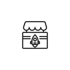 A shopfront with a rocket icon on the awning. Represents a business launch, a new store with innovative products, or rapid business growth.