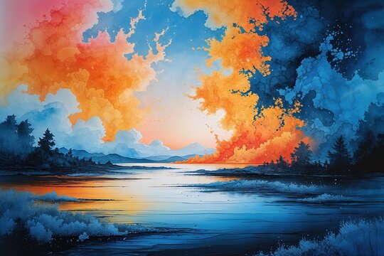 Serene Abstract Ink Art with Vibrant Textures and Ombre Alcohol in Tranquil Landscapes