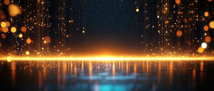 Golden glitter descends onto a reflective surface creating a brilliant shimmering effect  The dark background contras