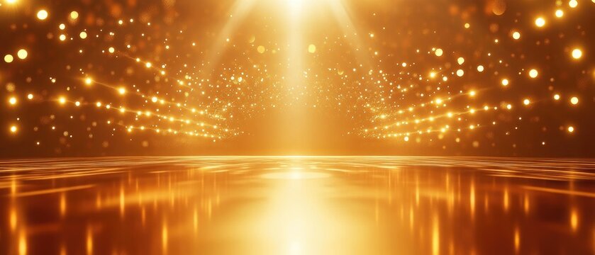 Golden glittering reflective surface with lights and bokeh effect creating a luxurious and elegant ambiance