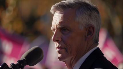 Serious politician speaking at press conference podium with microphone, intense expression during public speech, political leader addressing media, government official making statement