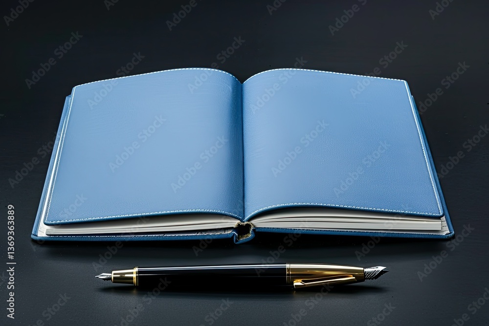 Aufkleber flawless visual of front view of open blue notebook and pen on black