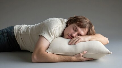 A person hugging a soft pillow while sleeping peacefully.