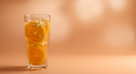 Orange Juice Beverage in Glass with Citrus Slices and Flower Petals