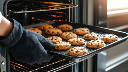 A person removing a tray of cookies from the oven while wearing oven mitts.