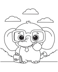 Coloring book elephant wearing glasses and a tie, holding a briefcase, standing on grass under a cloudy sky. Fun line art for coloring