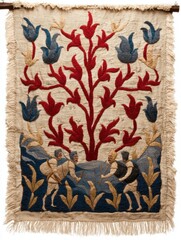 A vintage tapestry depicting a stylized scene with figures and flora.