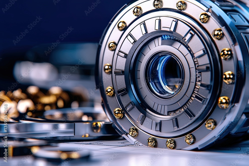 Poster detailed technical illustration of a mechanical component with blueprint style layout and advanced d