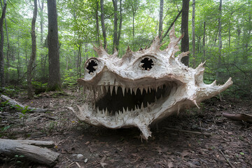 Whimsical White Stone Creature Sculpture in a Forest Setting