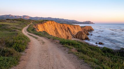 Coastal trail along cliffs at sunset.
