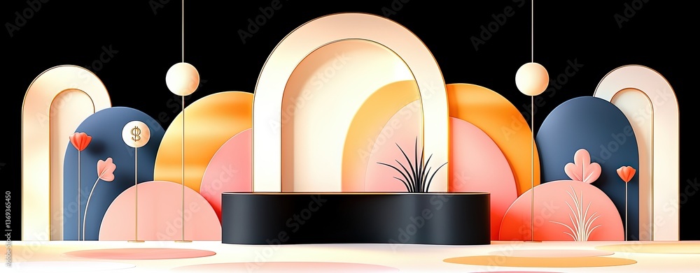 Poster whimsical illustration of a colorful storybook scene with abstract shapes and playful elements for c