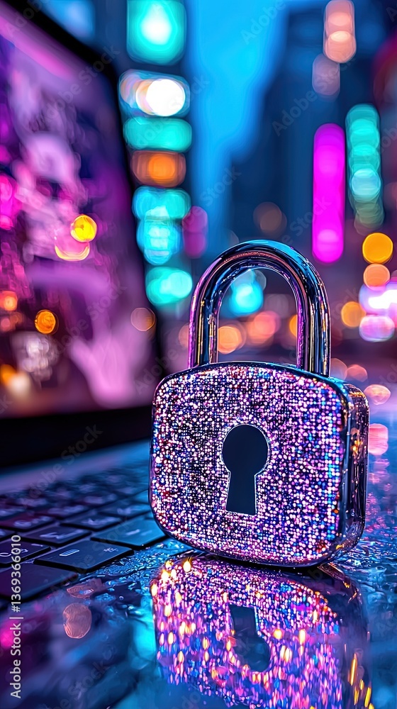 Poster vibrant retro computer screen with colorful lock illustration displaying modern digital security con