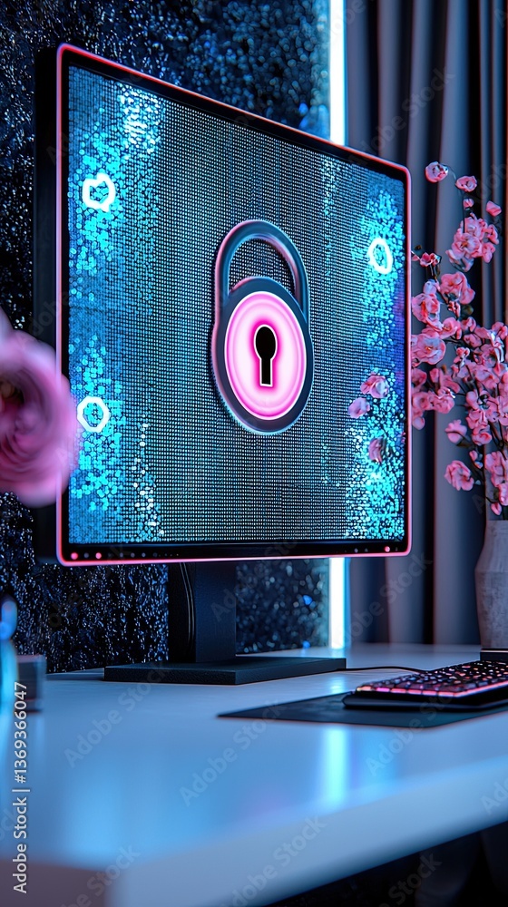 Poster retro computer screen illustration with colorful lock and decorative flowers in a modern setting