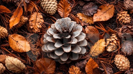 A pinecone surrounded by fallen needles on the ground