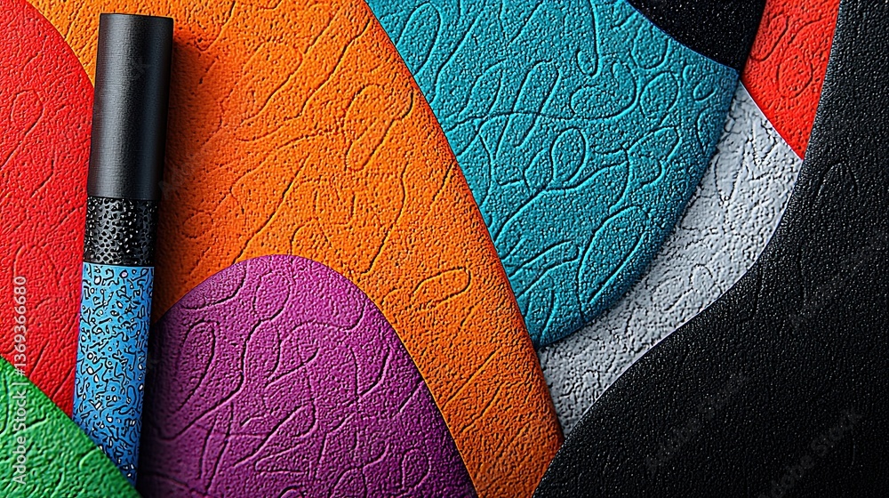 Poster maximalist illustration of colorful abstract shapes and textures in vibrant palette with unique patt