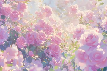 Dreamy rose garden with soft pink flowers and sunlight creating a serene floral landscape