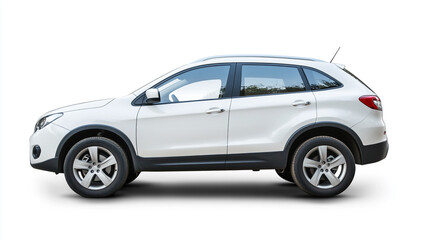 Fototapeta premium Side view of a white suv car with tinted windows parked on a white background in a studio shot
