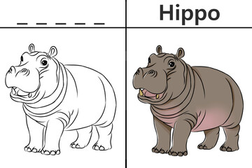 Hippo coloring pages for kids and learn to recognize letters, animal recognition card media for various games in early childhood learning