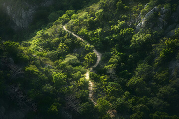 Aerial View of Zigzagging Mountain Trail Through Dense Forest Highlighting Natural Beauty and Adventure