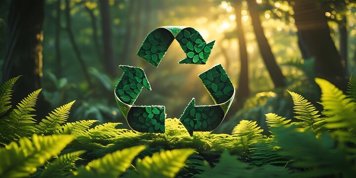 Leaf-textured recycling symbol floating in a lush green forest with sunlight shining through trees, symbolizing sustainability, eco awareness, and environmental conservation.