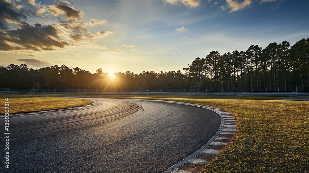 Poster asphalt track curves into the distance with trees and sunrise in the background creating a scenic vi