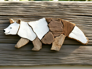 White and Brown Wooden Animal Mosaic Sculpture on Weathered Wood Background