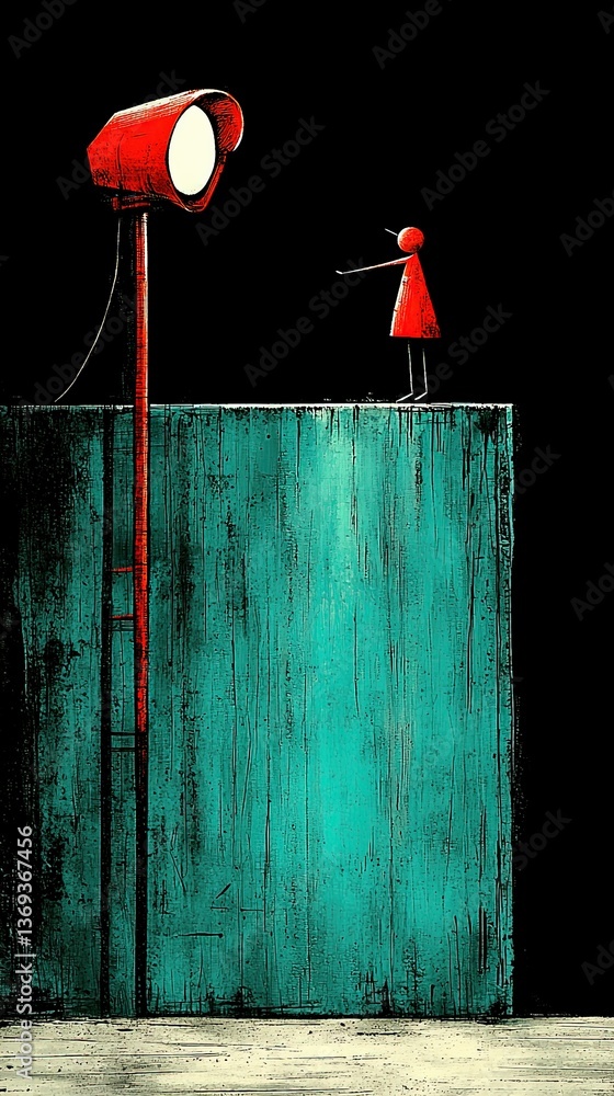 Poster retro illustration of a red light and a small figure reaching out on a colorful background in unique