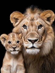 Obraz premium Lion and cub portrait on black background.