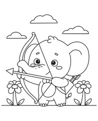 Coloring book elephant holding a bow and arrow, sitting between flowers under a cloudy sky